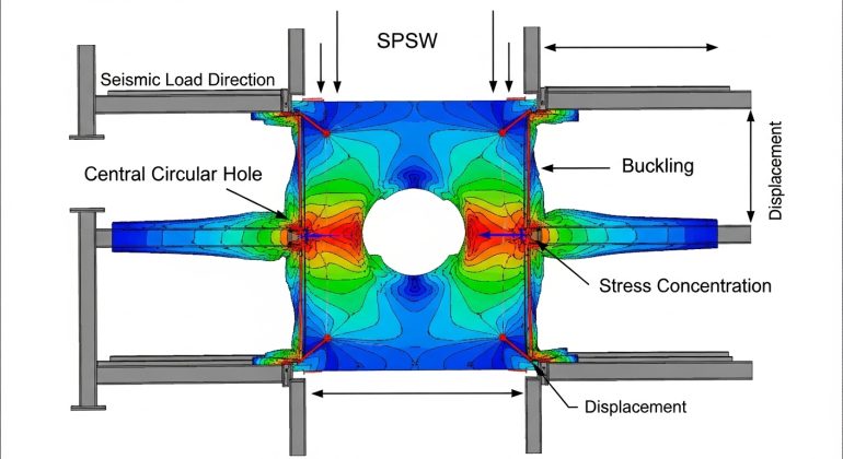 پاورپوینت رفتار لرزه ای دیوار برشی صفحه فولادی (SPSWs) با سوراخ دایروی مرکزی